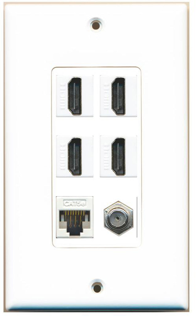 RiteAV - 4 x HDMI and 1 x Ethernet Cat5E and 1 x Coax Cable TV F Type Port Wall Plate - White