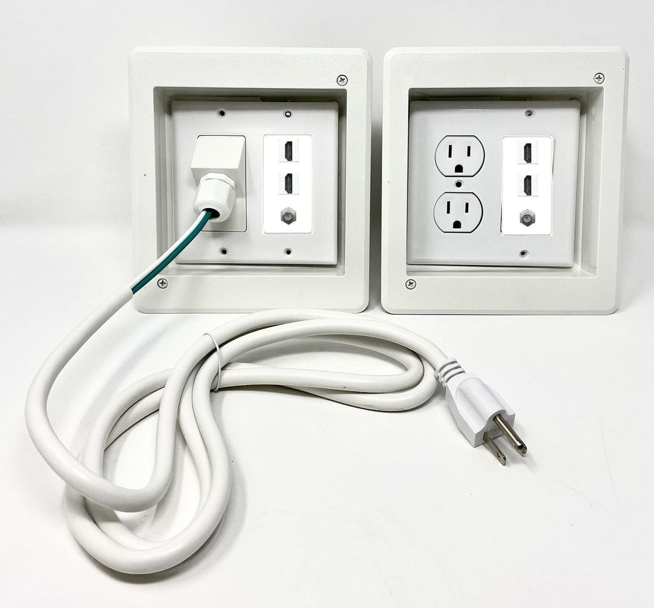 RiteAV 2-Gang Recessed Non-Metallic Electrical Combo Flat Screen TV Wall Plate Power Device Box, Divided for Power and Low Voltage HDMI and Coax Connections - White