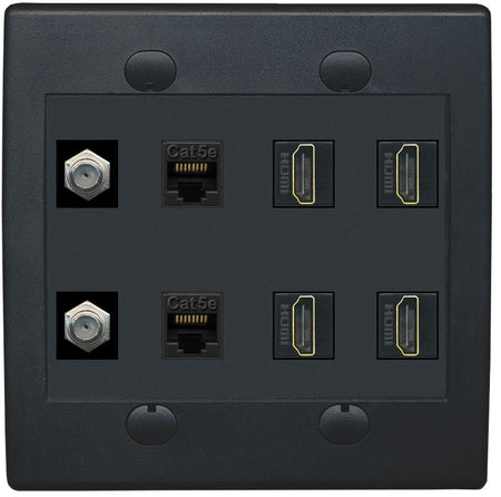 RiteAV 2 Port Coax Cable TV F-Type 2 Cat5e Ethernet 4 HD Wall Plate - Flat 2 Gang [Black/Black]