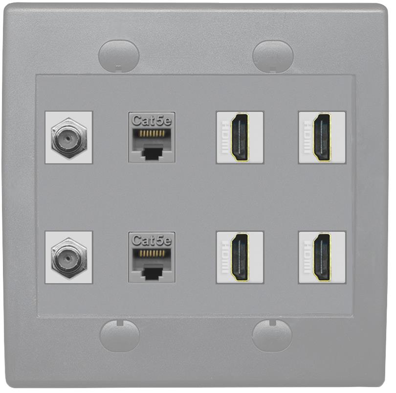 RiteAV 2 Port Coax Cable TV F-Type 2 Cat5e Ethernet 4 HD Wall Plate - Flat 2 Gang [Gray/Gray]