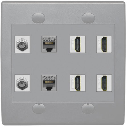 RiteAV 2 Port Coax Cable TV F-Type 2 Cat5e Ethernet 4 HD Wall Plate - Flat 2 Gang [Gray/Gray]