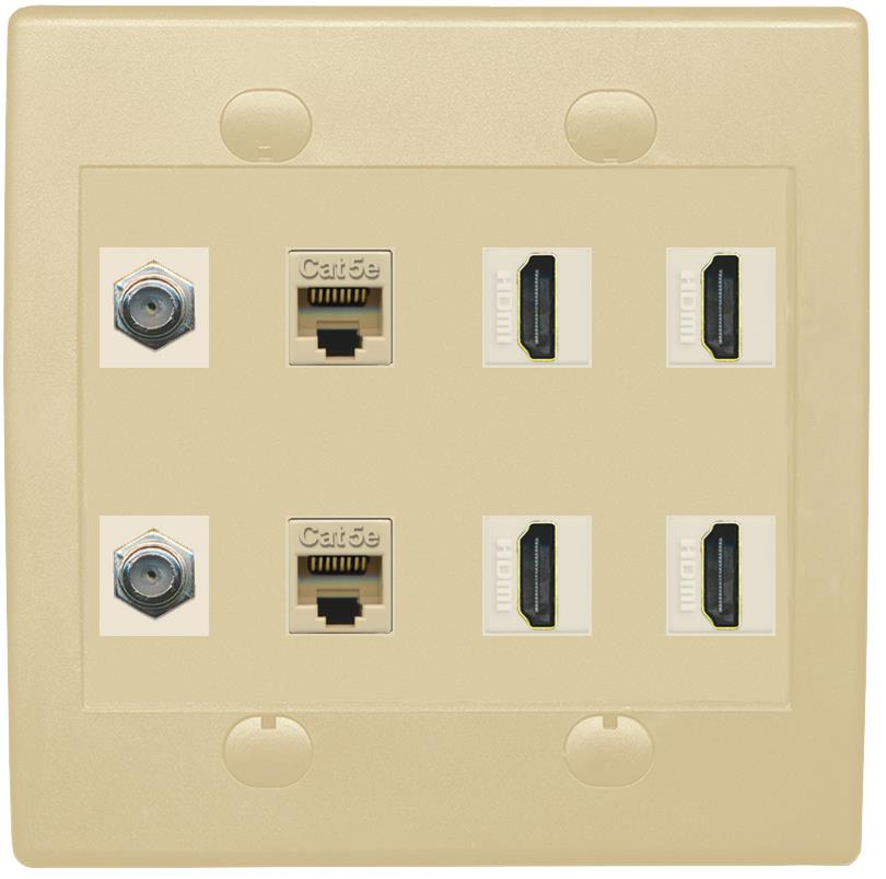 RiteAV 2 Port Coax Cable TV F-Type 2 Cat5e Ethernet 4 HD Wall Plate - Flat 2 Gang [Ivory/Ivory]