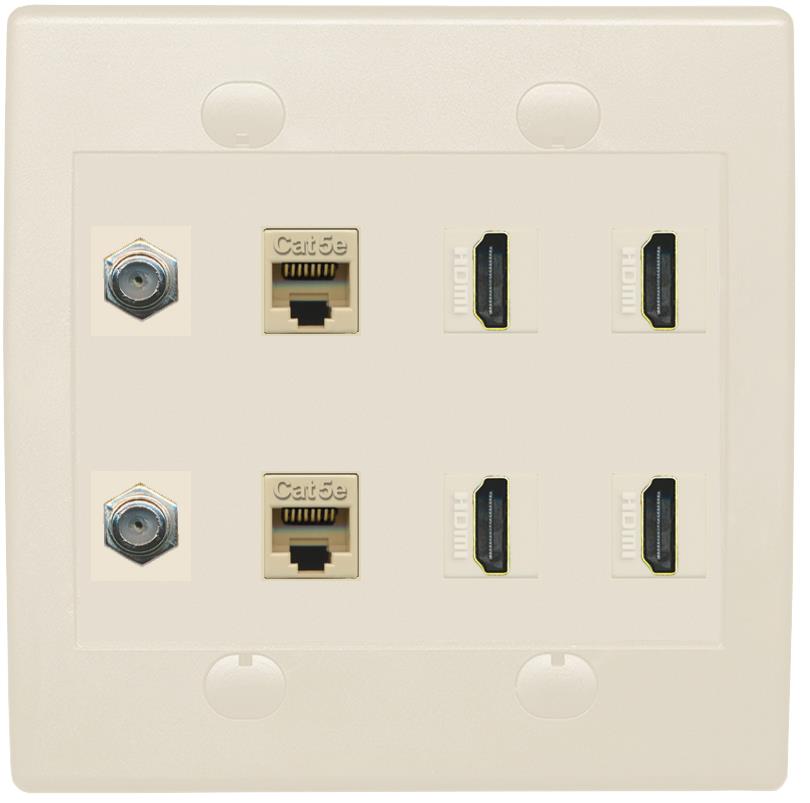 RiteAV 2 Port Coax Cable TV F-Type 2 Cat5e Ethernet 4 HD Wall Plate - Flat 2 Gang [Light Almond]