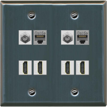 RiteAV 2 Port Coax Cable TV F-Type 2 Cat5e Ethernet 4 HD Wall Plate - Flat 2 Gang [Stainless Steel]
