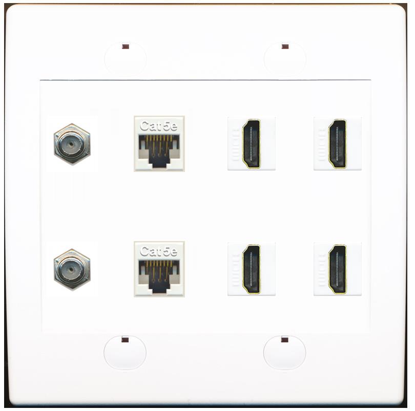 RiteAV 2 Port Coax Cable TV F-Type 2 Cat5e Ethernet 4 HD Wall Plate - Flat 2 Gang [White]