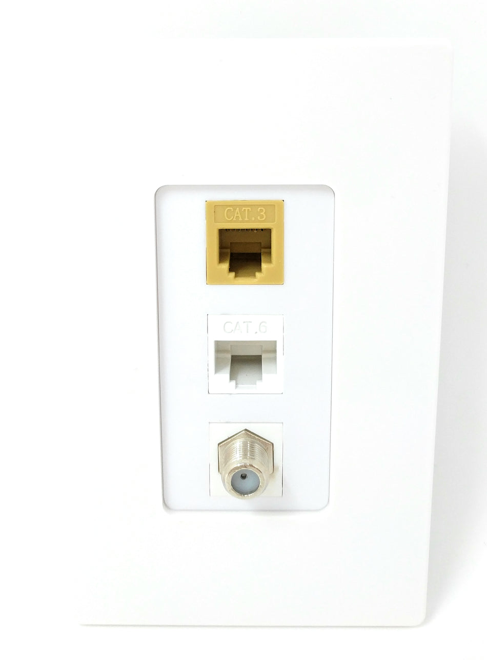 RiteAV - 1 Port Coax Cable TV- F-Type and 1 Port Phone RJ11 RJ12 Beige and 1 Port Cat6 Ethernet White Screwless Decorative Wall Plate