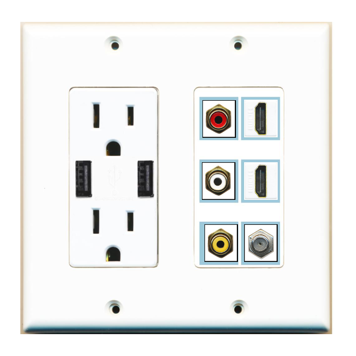 6 Port Custom Keystone Wall Plate w/2 USB Charger Power Outlet