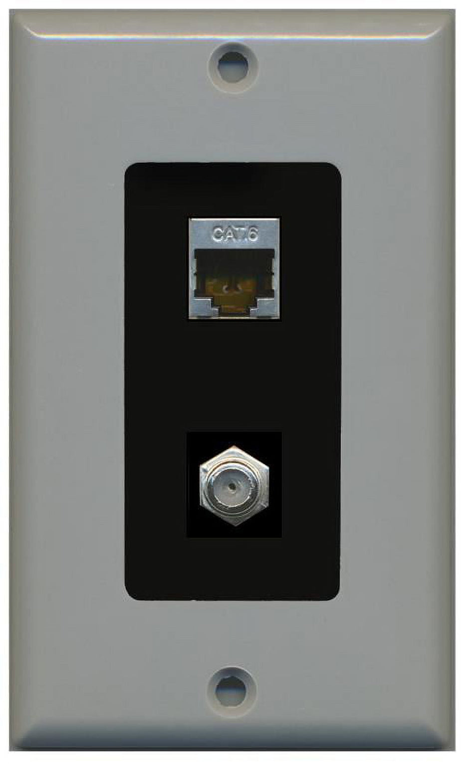 RiteAV Decorative 1 Gang Wall Plate (Gray/Black) 2 Port - Cat6 (Shielded) Coax (Black) - Bracket Included