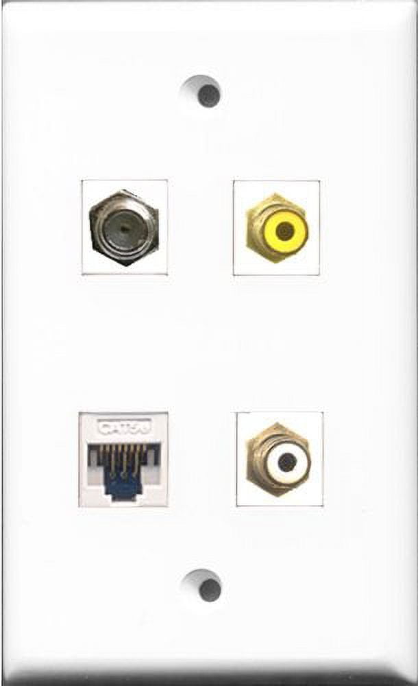 RiteAV 1 Port RCA White and 1 Port RCA Yellow and 1 Port Coax Cable TV- F-Type and 1 Port Cat5e Ethernet White Wall Plate
