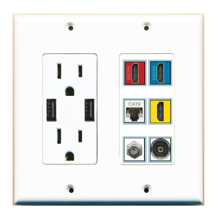 6 Port Custom Keystone Wall Plate w/2 USB Charger Power Outlet