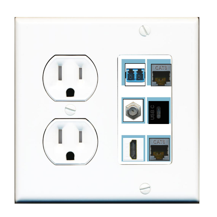 6 Port Custom Keystone Wall Plate w/Tamper Resistant Round Power Outlet