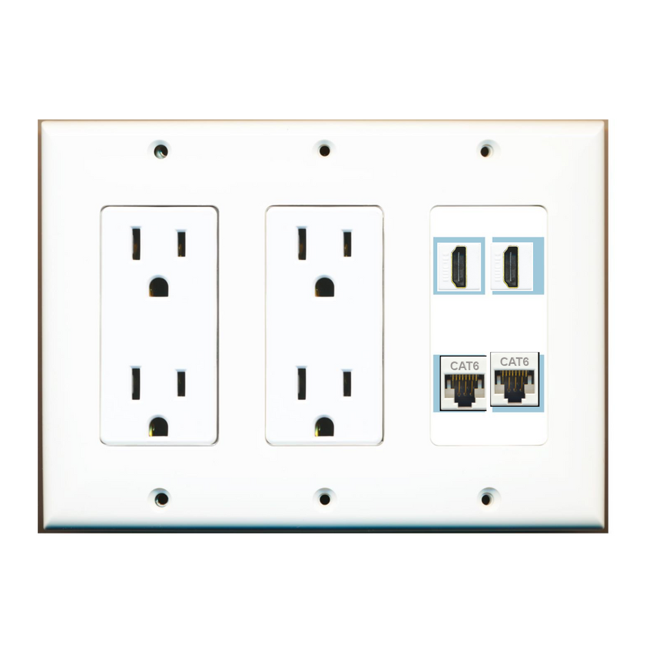 4 Port Custom Keystone Wall Plate w/Dual DecorZ Power Outlet White