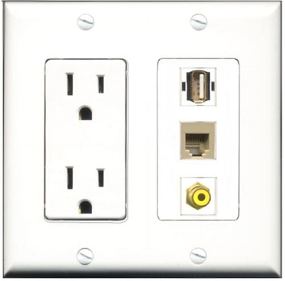 RiteAV - 15 Amp Power Outlet 1 Port RCA Yellow 1 Port USB A-A 1 Port Phone Beige Decorative Wall Plate