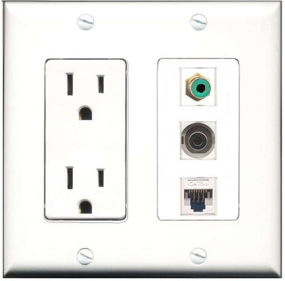 RiteAV - 15 Amp Power Outlet 1 Port RCA Green 1 Port 3.5mm 1 Port Cat5e Ethernet White Decorative Wall Plate