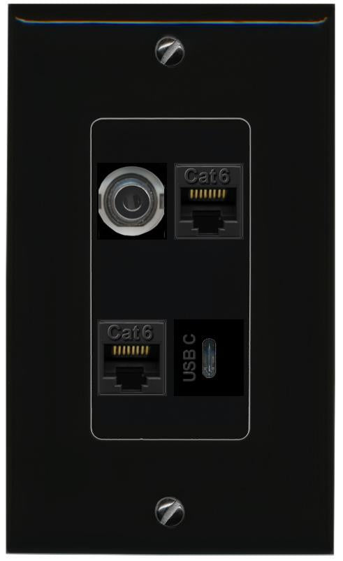RiteAV 3.5mm 2 CAT6 USBC Wall Plate Decorative [Black]