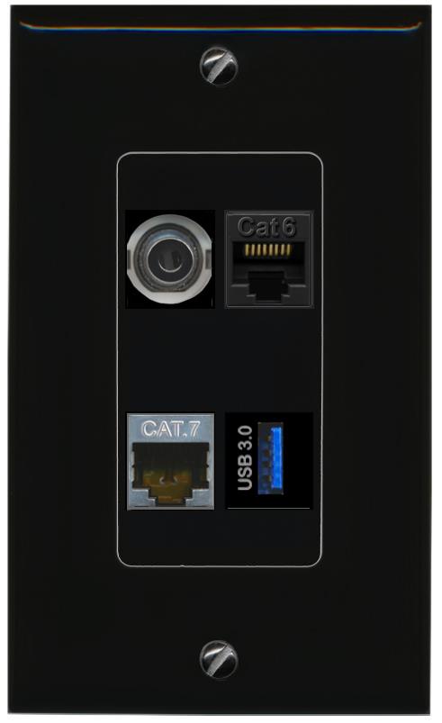 RiteAV 3.5mm CAT6 CAT7 USB-3 Wall Plate Decorative [Black]