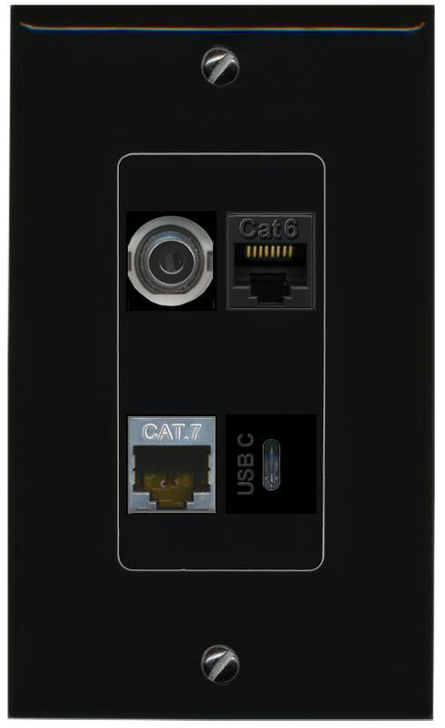 RiteAV 3.5mm CAT6 CAT7 USBC Wall Plate Decorative [Black]