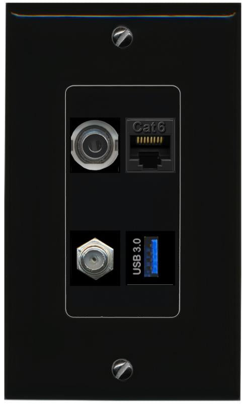 RiteAV 3.5mm CAT6 COAX USB-3 Wall Plate Decorative [Black]