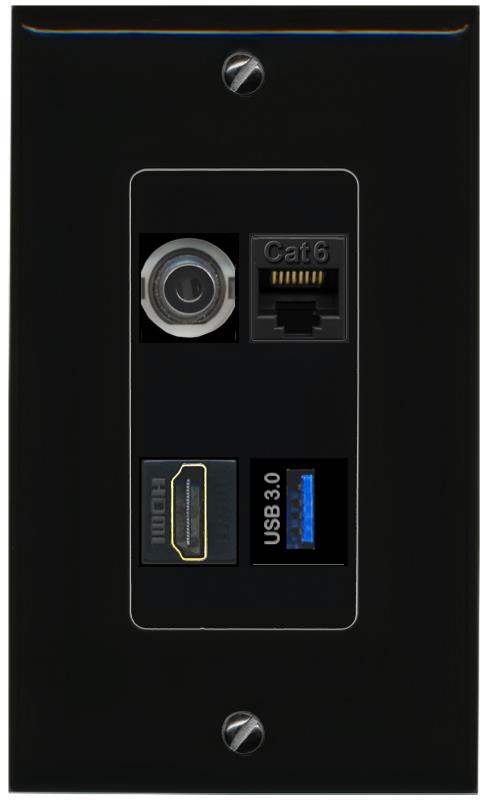 RiteAV 3.5mm CAT6 HDMI USB-3 Wall Plate Decorative [Black]