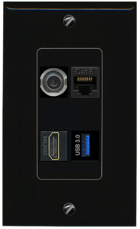 RiteAV 3.5mm CAT6 HDMI USB-3 Wall Plate Decorative [Black]