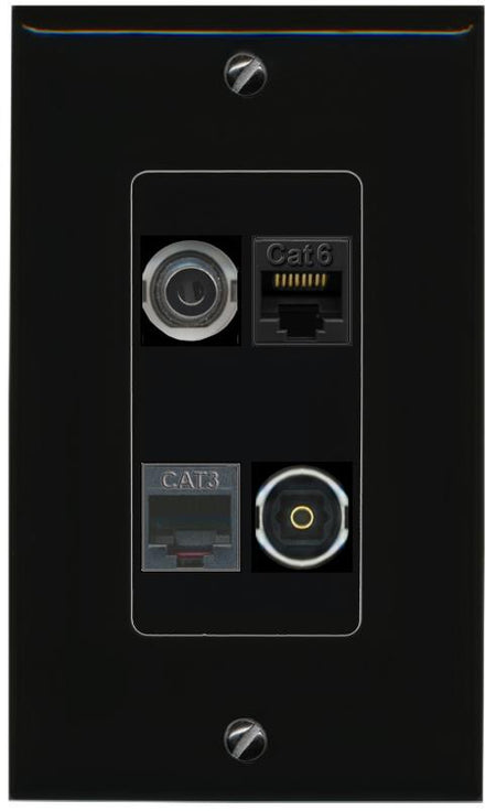 RiteAV 3.5mm CAT6 PHONE TOSLINK Wall Plate Decorative [Black]
