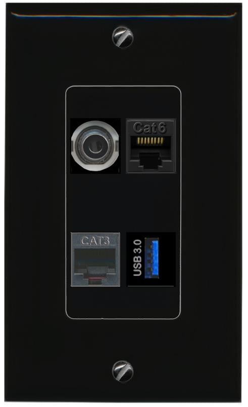 RiteAV 3.5mm CAT6 PHONE USB-3 Wall Plate Decorative [Black]