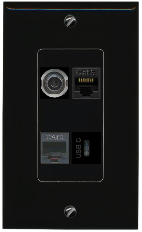 RiteAV 3.5mm CAT6 PHONE USBC Wall Plate Decorative [Black]