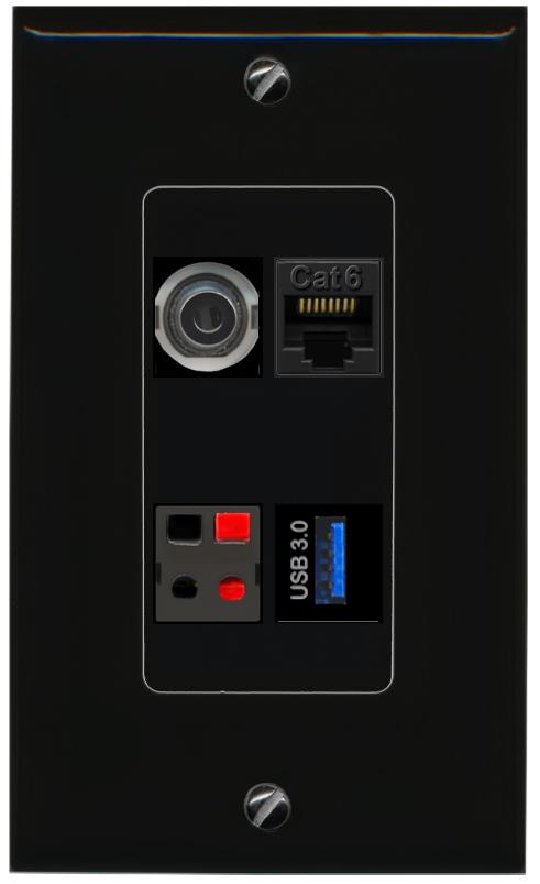 RiteAV 3.5mm CAT6 SPEAKER USB-3 Wall Plate Decorative [Black]