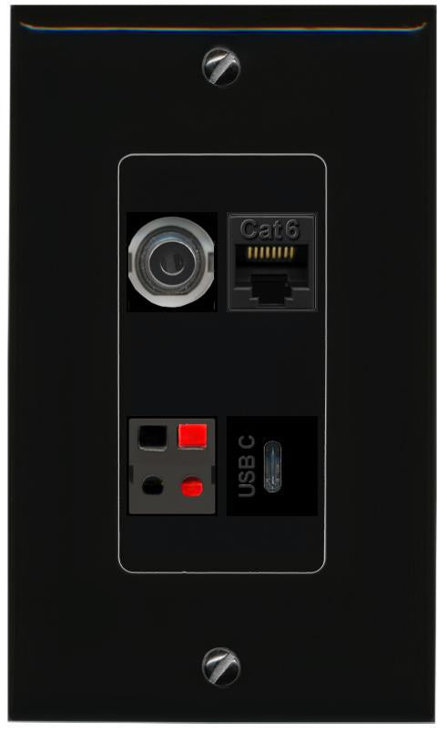 RiteAV 3.5mm CAT6 SPEAKER USBC Wall Plate Decorative [Black]