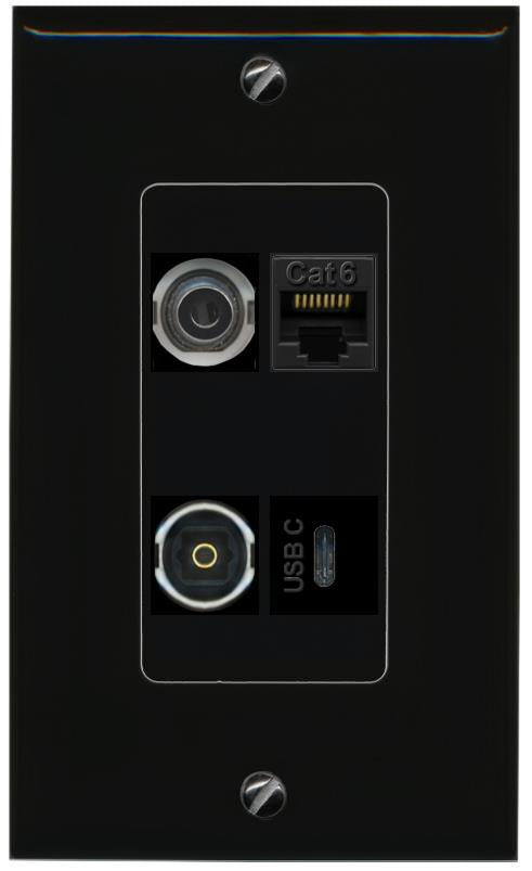 RiteAV 3.5mm CAT6 TOSLINK USBC Wall Plate Decorative [Black]