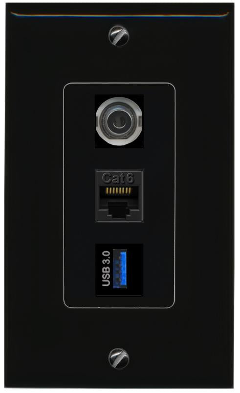 3.5mm CAT6 USB-3 Wall Plate [Black]