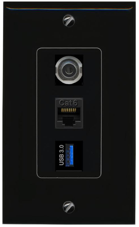 3.5mm CAT6 USB-3 Wall Plate [Black]