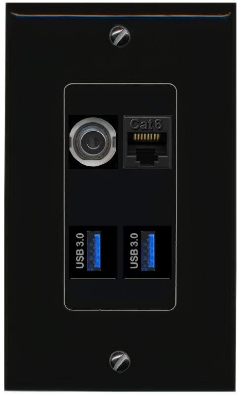 RiteAV 3.5mm CAT6 2 USB-3 Wall Plate Decorative [Black]