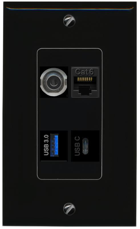 RiteAV 3.5mm CAT6 USB-3 USBC Wall Plate Decorative [Black]