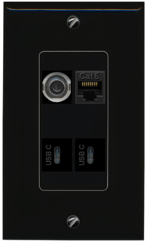 RiteAV 3.5mm CAT6 2 USBC Wall Plate Decorative [Black]