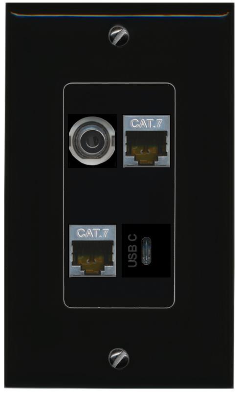 RiteAV 3.5mm 2 CAT7 USBC Wall Plate Decorative [Black]
