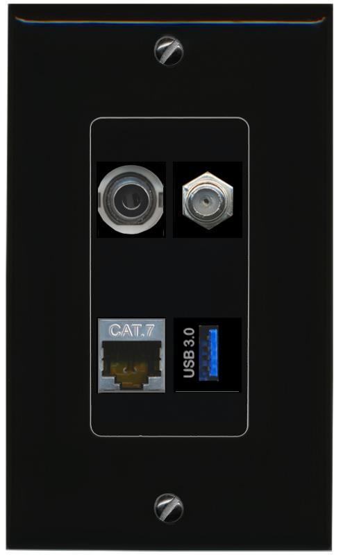 RiteAV 3.5mm CAT7 COAX USB-3 Wall Plate Decorative [Black]