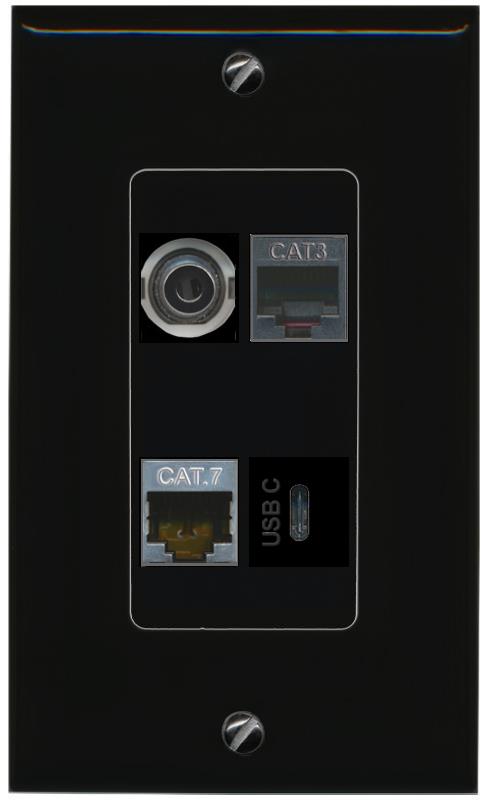 RiteAV 3.5mm CAT7 PHONE USBC Wall Plate Decorative [Black]