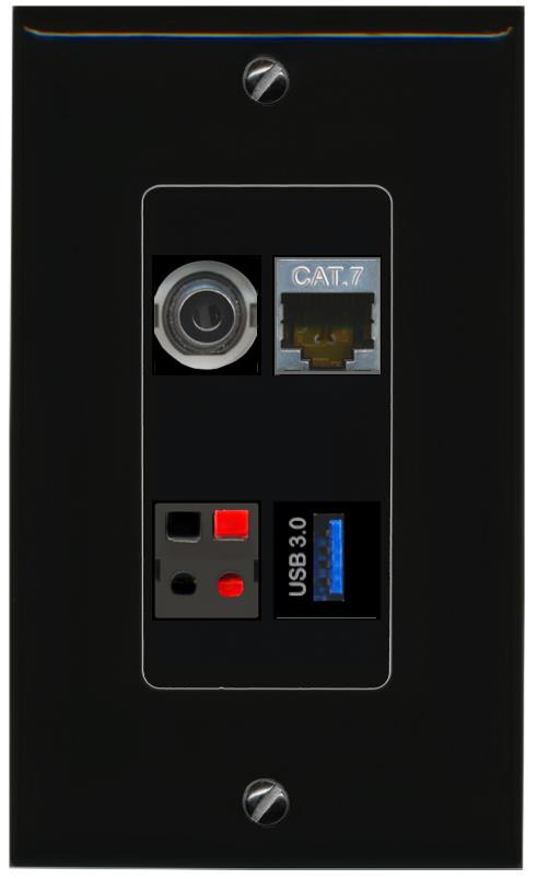 RiteAV 3.5mm CAT7 SPEAKER USB-3 Wall Plate Decorative [Black]
