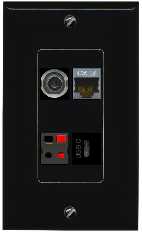 RiteAV 3.5mm CAT7 SPEAKER USBC Wall Plate Decorative [Black]