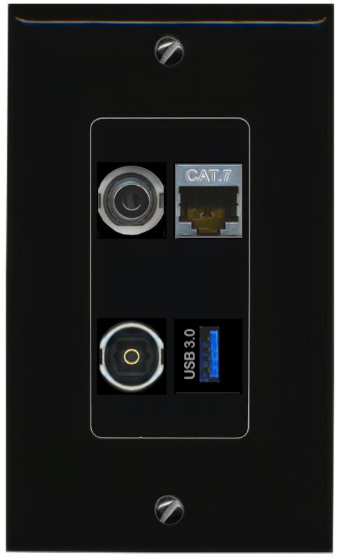 RiteAV 3.5mm CAT7 TOSLINK USB-3 Wall Plate Decorative [Black]