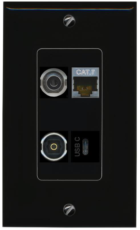 RiteAV 3.5mm CAT7 TOSLINK USBC Wall Plate Decorative [Black]