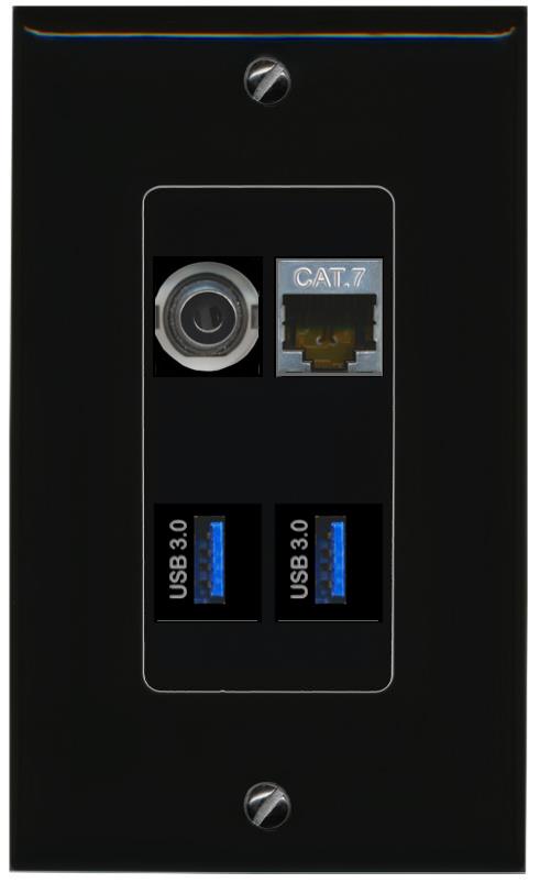 RiteAV 3.5mm CAT7 2 USB-3 Wall Plate Decorative [Black]