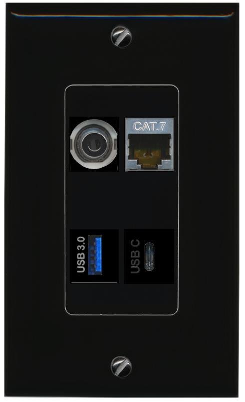 RiteAV 3.5mm CAT7 USB-3 USBC Wall Plate Decorative [Black]