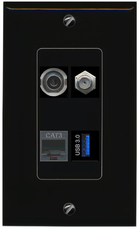 RiteAV 3.5mm COAX PHONE USB-3 Wall Plate Decorative [Black]