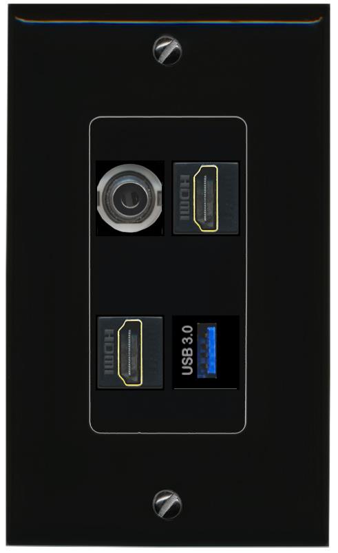 RiteAV 3.5mm 2 HDMI USB-3 Wall Plate Decorative [Black]