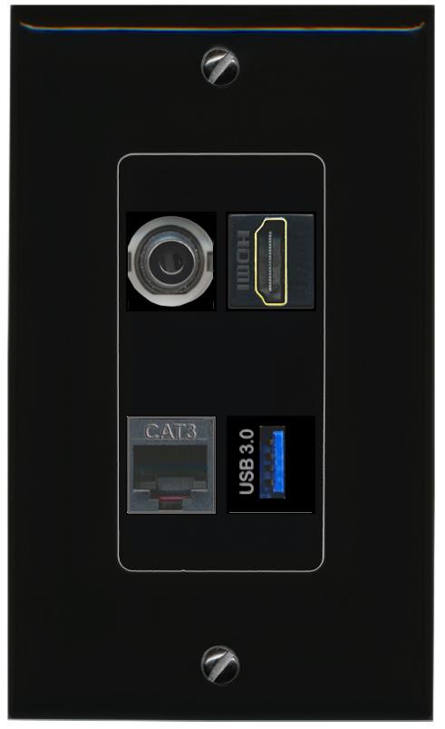 RiteAV 3.5mm HDMI PHONE USB-3 Wall Plate Decorative [Black]