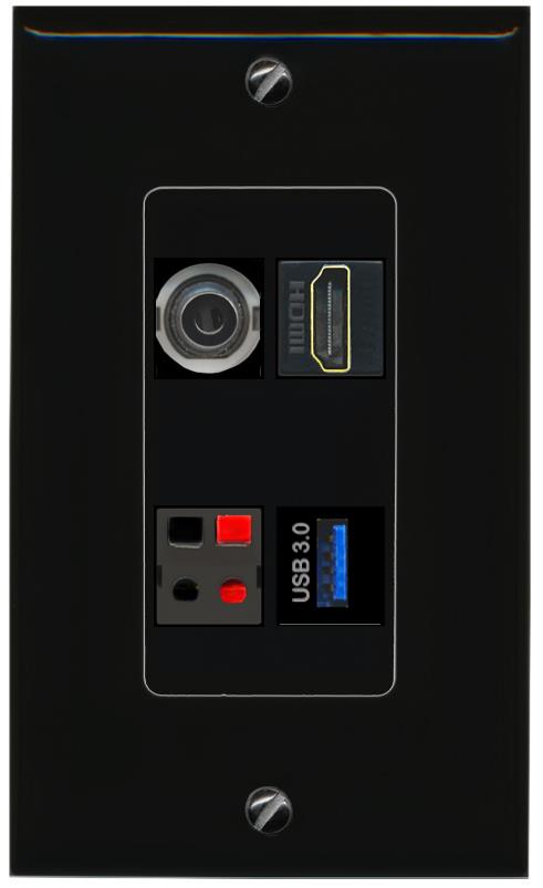 RiteAV 3.5mm HDMI SPEAKER USB-3 Wall Plate Decorative [Black]