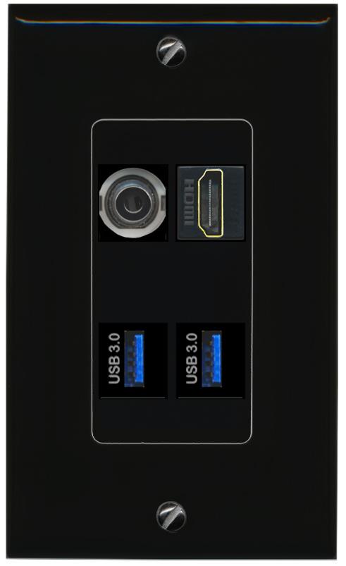 RiteAV 3.5mm HDMI 2 USB-3 Wall Plate Decorative [Black]