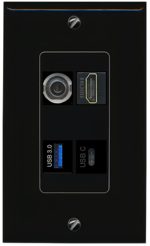 RiteAV 3.5mm HDMI USB-3 USBC Wall Plate Decorative [Black]